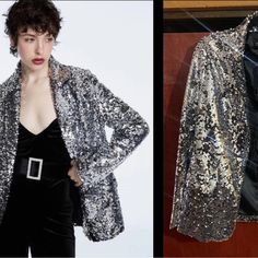 Stradivarius Women Sequins Blazer Sequin Jacket Casual Long Sleeve Glitter Party Shiny Nwt Size Medium #32 Metallic Sequined Outerwear For Party, Metallic Sequined Party Outerwear, Metallic Sequin Party Outerwear, Metallic Outerwear For Winter Party, Metallic Outerwear For Party In Winter, Metallic Winter Party Outerwear, Chic Holiday Outerwear For Night Out, Glamorous Long Sleeve Holiday Outerwear, Glamorous Metallic Outerwear For Party