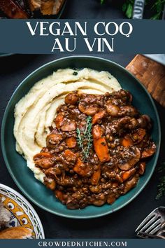 vegan coq au vin with mashed potatoes and carrots in a blue bowl