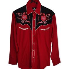 Men's Western Shirt Red And Black Embroidery Wild West Shirt, Red Cotton Shirt With Floral Embroidery, Fitted Embroidered Red Shirt, Fitted Red Embroidered Shirt, Red Embroidered Shirt For Spring, Red Embroidered Long Sleeve Shirt, Traditional Red Fitted Shirt, Fitted Traditional Red Shirt, Red Fitted Traditional Shirt