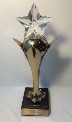 a shiny silver trophy with a star on top