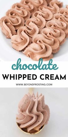 chocolate whipped cream in a gold spoon with the words chocolate whipped cream on top and bottom