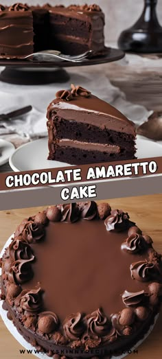 chocolate amarretto cake with one slice cut out and the other half eaten