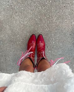 Ted Cowboy Boots, Red Boot Aesthetic, Bows On Cowboy Boots, Cupids Cowgirl Party, Outfit With Red Cowboy Boots, Cowboy Boots With Ribbon, Red Cowgirl Aesthetic, Red Cowboy Boots Aesthetic, Cupid Cowgirl