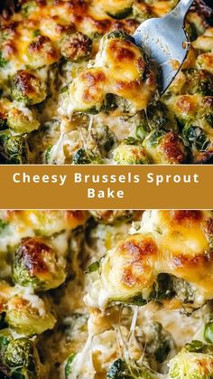 cheesey brussels sprout bake with broccoli on top and the words, cheesy brussel sprouts sprout