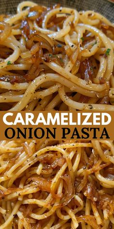 caramelized onion pasta on a plate with text overlay