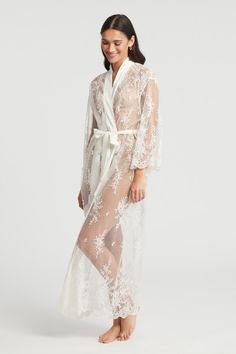 #RyaCollection #bridallingerie #bridetobe #brideera Floor Length Robe, Embroidered Robe, Robe Wedding, Taylor Swift Inspired, Delicate Lingerie, Embroidered Robes, Charmeuse Fabric, Bridal Robe, Lace Side