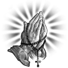 a black and white drawing of hands holding a rosary