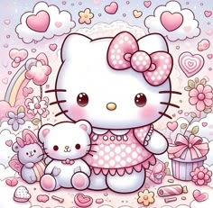 hello kitty and her teddy bear are in the sky with hearts, flowers and clouds