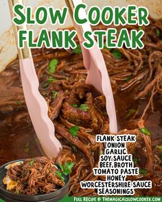 the cover of slow cooker flak steak is shown with tongs sticking out of it