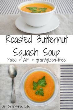 roasted butternut squash soup in a white bowl with parsley