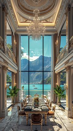 a large dining room with a view of the ocean and mountains from it's windows