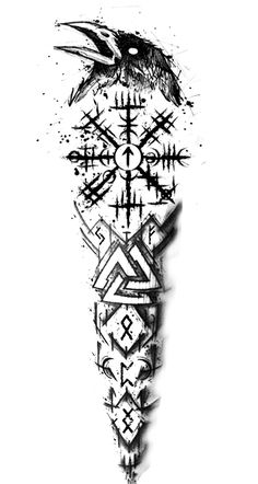 a black and white drawing of a bird on top of a cross with arrows in it