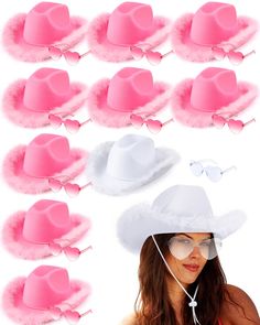 PRICES MAY VARY. The Package Includes: you will get 9 pink cowboy hats and 1 white cowboy hat with matching feather trim, 9 pink glasses and 1 transparent glasses; Sufficient quantity and classic style can meet your daily use or replacement needs; This pink cowboy hat is a necessary accessory for every cowboy who dreams of becoming a cowboy princess, and is an ideal choice for clothing theme activities Suitable Size: the size of this western cowboy hat is about 38 x 30 cm/ 14.96 x 11.81 inches; Felt Cowgirl Hat, Pink Feather Boa, Cowboy Accessories, White Cowboy Hat, Wild West Party, Clothing Themes, Pink Cowboy Hat, Western Party, Sunglasses Pink