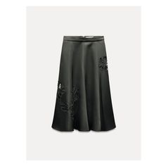 ZARA WOMAN COLLECTIONSatin effect midi skirt with a mid waist. Embroidered detail with tonal bead appliqué. Flared legs. Back hidden in-seam zip closure. Elegant Zara Skirt, Rok Midi, Manik Manik, Satin Midi Skirt, Cardigan Sweater Jacket, Tshirt Skirt, Satin Skirt, Zara Woman, Knitwear Cardigan