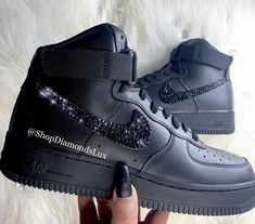 Custom Swarovski Crystal Nike Air Force One High Top Jet Black Bling Kicks   Choose Bling Opition, 2 outer Nike logos or all 4 sides.  May substitute shoe color or crystals color. Many of our styles are also available in kids sizes as well as all genders. Check our other listings for more options. Custom orders are accepted!  Design: All our products are handmade by a certify Swarovski artist using authentic Swarovski Crystals. The most expensive crystals in the market, imported from Austria. Shoes are purchased at full retail price from an authorize retailer, shoes are 100% authentic, new in the box, tags included.  Shipping and processing: We make sure every order is made to perfection! Time to make each special piece is 1-2 weeks, as all items are made to order. You will receive free tr Quince Themes, Shoes 2021, Nike Air Force One, Personalized Shoes, Best Shoes For Men, Beautiful Sandals, Fresh Shoes, Nike Air Force Ones