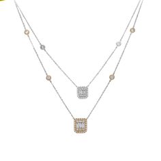 She'll be enchanted by the intricate design of this Baguette and round-cut diamond Double clusters Double Layer Chain Bezel set round diamond pendant necklace.   Metal: 18kt Yellow Gold Weight: 2.62 Grams Gemstone: Natural Diamonds Shape: Round Brilliant/ Baguettes Total Carat Weight: 0.42 CT Number of Diamonds:69 Average Color: F-G Average Clarity: VVS Setting: Cluster/Illusion/Bezel Chain Included Authenticity Certificate Included  An ideal way to add a touch of subtle sparkle to any look, is this small cluster of diamonds , beautiful pattern of small Cluster necklace with a big cluster hanging below it.  Add that special glow to any outfit with the delicate sparkle of these clusters of in this exquisite pattern in a Duo chain in two tone with bezel set Diamond in thispendant necklace Luxury Gold-tone Jewelry With Detachable Pendant, Luxury Gold-tone Chain Necklace With Detachable Pendant, Diamond Chain Pendant, Layered Diamond Necklace, Small Diamond Necklace, Dress Reference, Round Diamond Pendant, Art Nouveau Necklaces, Layer Chain