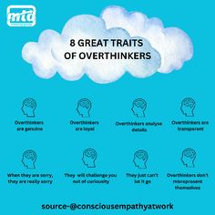 clouds with the words 8 great traits of overthinkers on them in different languages