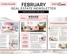 a pink and white flyer for a real estate newsiter, with photos on it