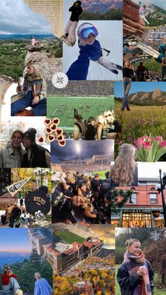 a collage of photos with people and mountains in the background that include buildings, trees, flowers, kites