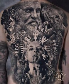 a man with tattoos on his back has many symbols and faces in the middle of his body