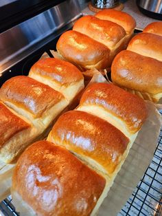 rolls lined up on top of each other in front of an oven with the door open