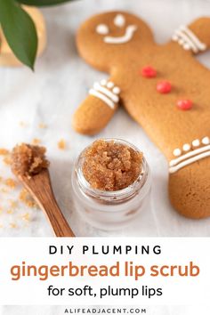 Get soft, plump lips with this plumping DIY lip scrub! This easy recipe can be whipped up in minutes and smells just like freshly baked gingerbread. Enjoy the delicious gingerbread cookie aroma and flavour while plumping, exfoliating and moisturizing your lips. Learn how to make this homemade scrub with edible ingredients like coconut oil, brown sugar, honey, cinnamon, and vanilla. #lipscrub #alifeadjacent #sugarscrub Sugar Wax Recipe Diy, Sugar Wax Recipe, Diy Gingerbread