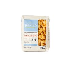 delallo pasta shells with garlic and tomato sauce in a bag on a white background