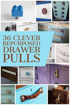 an image of drawers that have been painted blue and white with the words, clever ways to repurposed drawer pulls