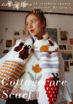 a woman wearing a knitted sweater with hearts on it and the words cottage core scarf written below