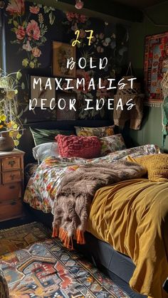 a bed sitting in a bedroom next to a window with the words, old maximusist decor