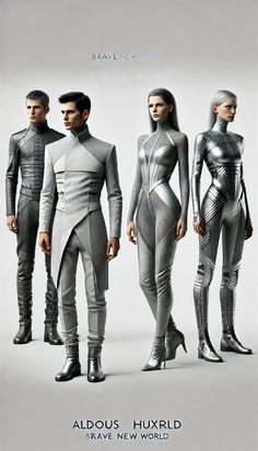 three people in futuristic suits standing next to each other, with the caption above them