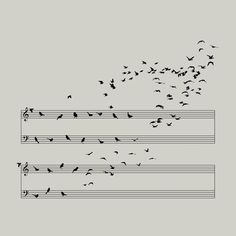 birds are flying in the air over music notes with musical notations on them,