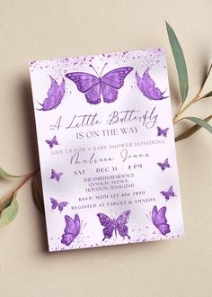 a purple and white butterfly birthday party card