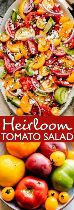 heir tomato salad with feta cheese and tomatoes in a bowl on a table next to other vegetables