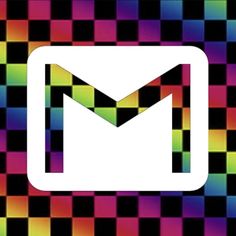 the m logo is shown on a multicolored checkered background with black and white squares