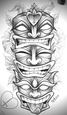 a drawing of some masks with leaves on it