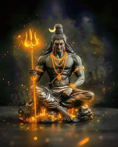 the god is sitting on fire holding a staff