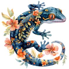 a lizard with flowers and leaves on it's body, painted in watercolor