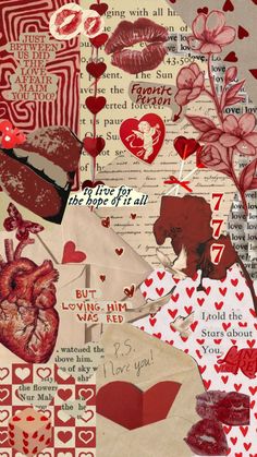 an altered collage with hearts, letters, and other things to make it look like valentine's day