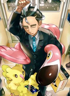 a man in a suit and tie standing next to a pikachu character on a train