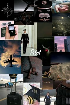 a collage of photos with an airplane in the sky