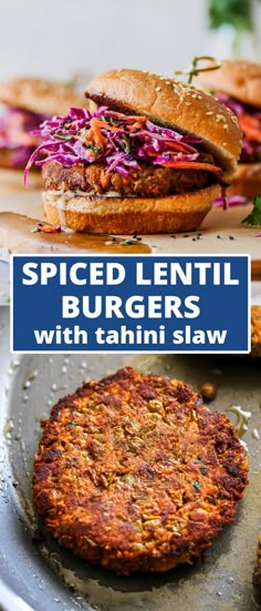 a burger with lettuce and red cabbage on it is shown in two different photos