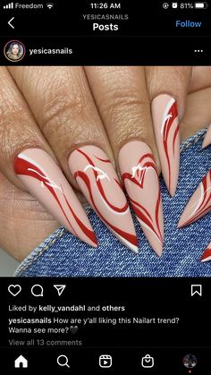 Red Stiletto Nails, Nails Valentine, Almond Nail Art, Style Nails, Shaped Nails, Her Nails, Dope Nail Designs, Red Nail Designs, Almond Nail