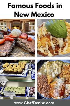 four different pictures with the words famous foods in new mexico on them and photos of various food items