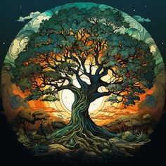 a painting of a tree with the moon in the background