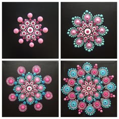 four pictures of different shapes and sizes of bead work on black canvases with pink, blue, and green beads