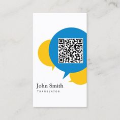 a business card with a qr code on the front and yellow speech bubbles on the back