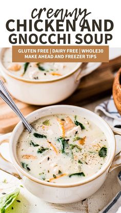 two bowls of creamy chicken and gnocchi soup on a wooden table with text overlay