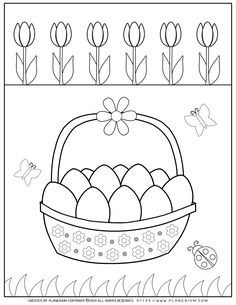 an easter basket with eggs in it and flowers on the side, surrounded by butterflies