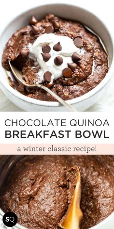 chocolate quinoa breakfast bowl with whipped cream and chocolate chips